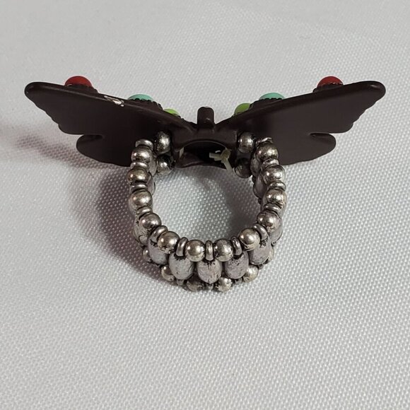 Butterfly Stretch Ring With Multicolor Faux Stones & Beaded Stretch Band - Picture 6 of 9